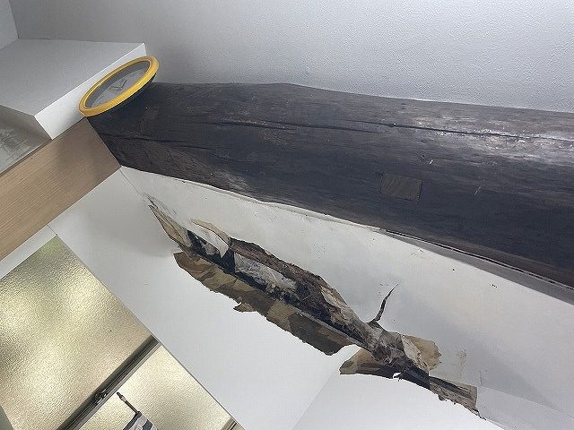 綾歌郡綾川町で屋根の雨漏り調査、明かり取りの波板の劣化や梁の腐朽、天井剥がれを確認