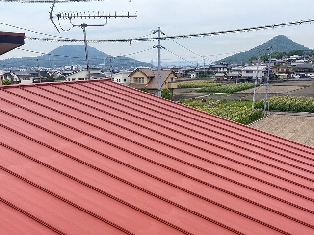 坂出市にて住宅屋根の鳥の巣対策、太陽光パネル取り外し後の金属屋根塗装下塗り