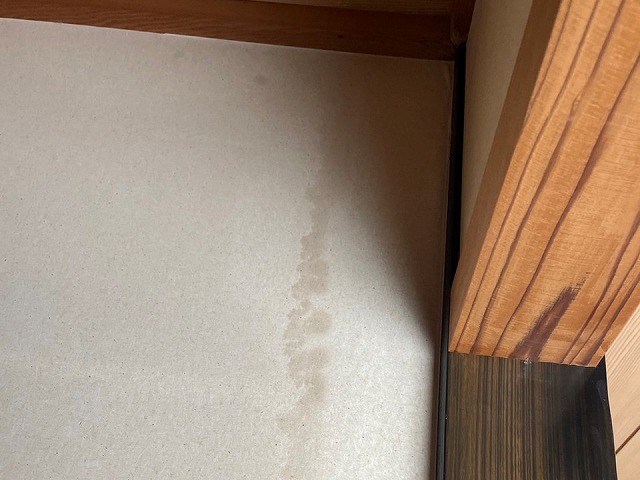 室内の壁紙に広がる雨染みの様子