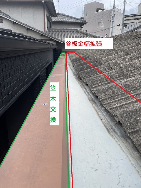 雨漏りの原因となっていた笠木の交換と谷板金の幅拡張を行う住宅の屋根