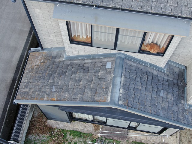 住宅の現場調査で棟板金やケラバ板金の色あせを確認