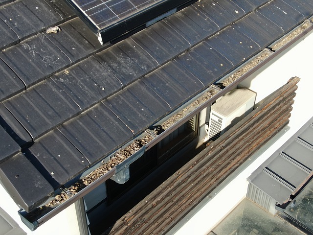 丸亀市　雨樋に溜まったゴミ