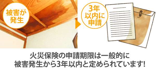 火災保険の申請期限は一般的に、被害発生から3年以内と定められています!